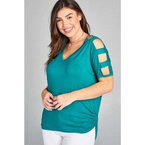 Women's Emerald Green Cold Shoulder Top With Side Scrunched Detail